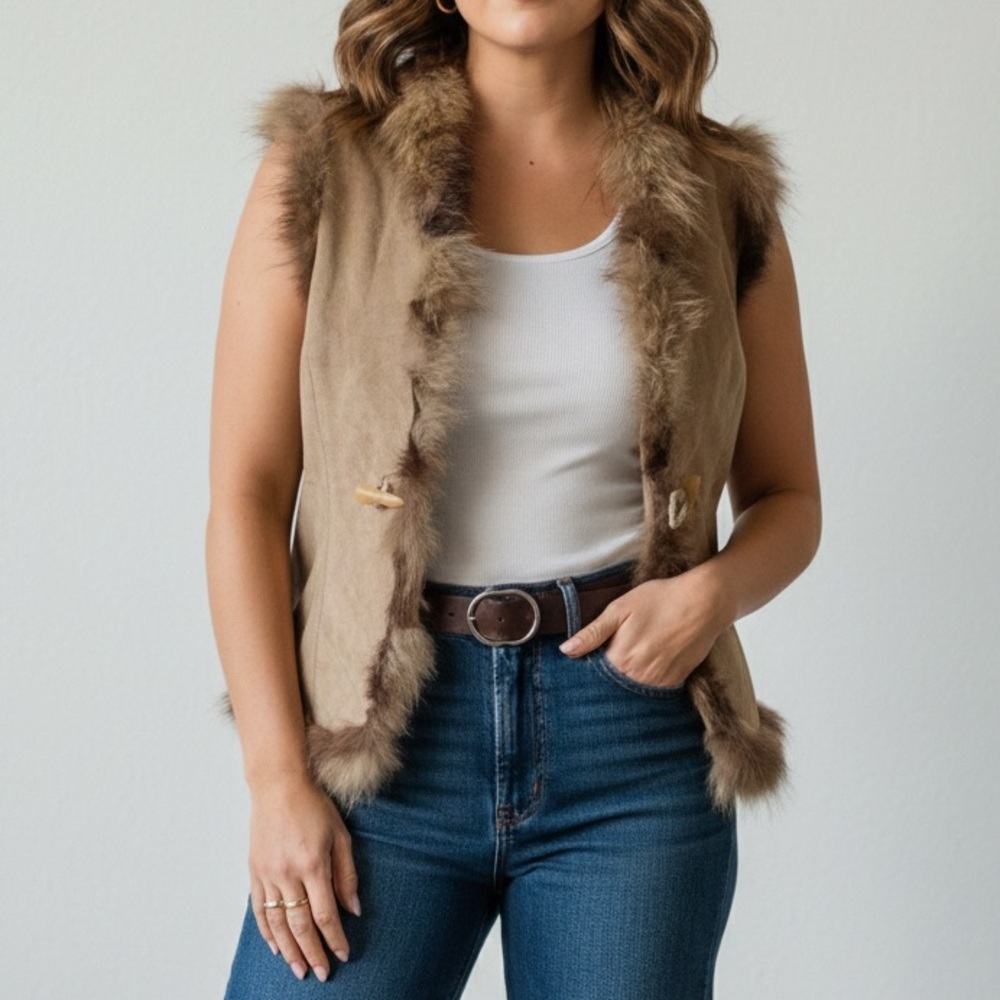 Vintage Y2K Leather & Asiatic Raccoon Fur Vest - Boho S